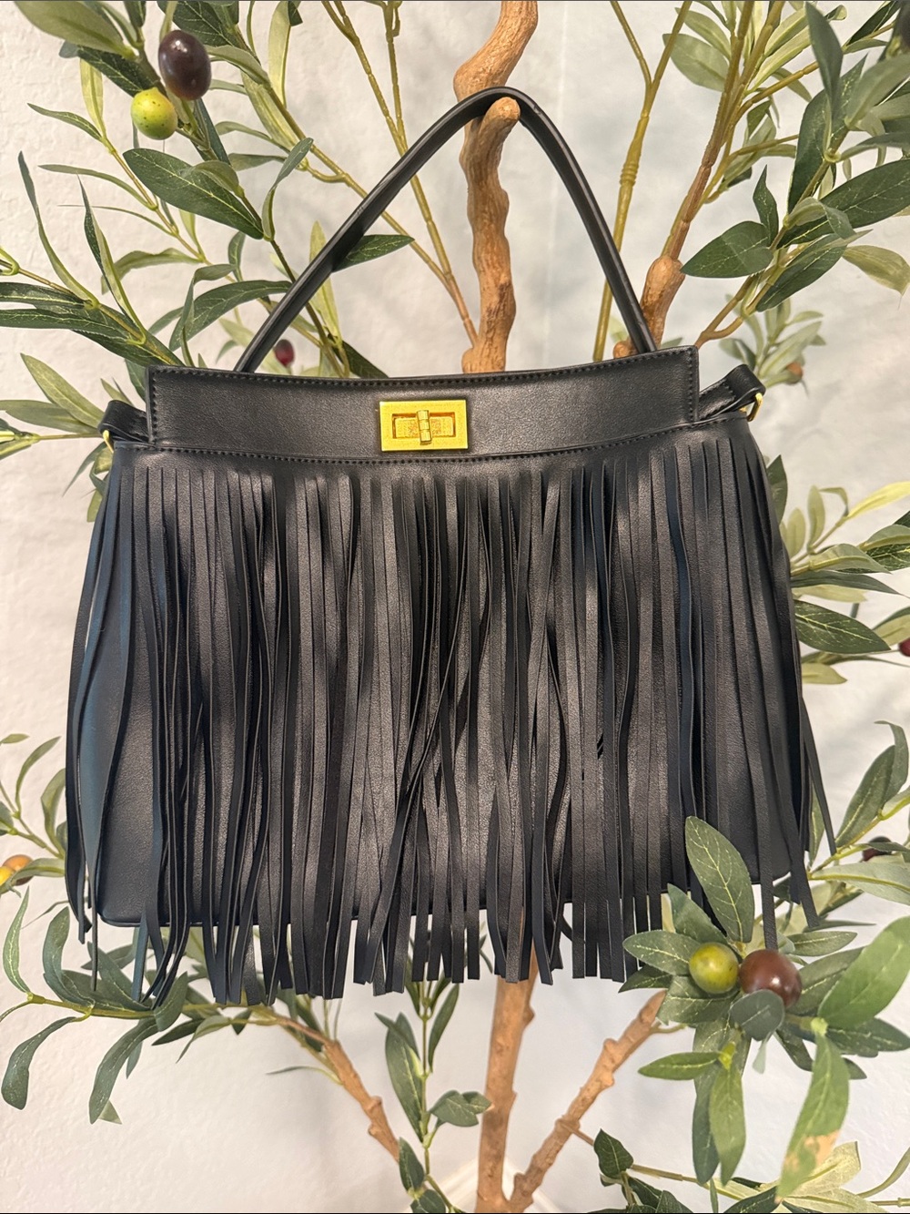 Black Fringe Top-Handle Women's Bag